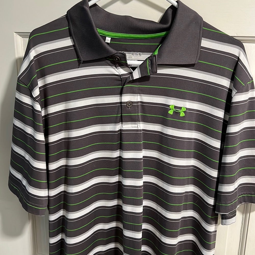 Men’s Under Armour Heat Gear polo. Gray, green and white stripes. Size XL